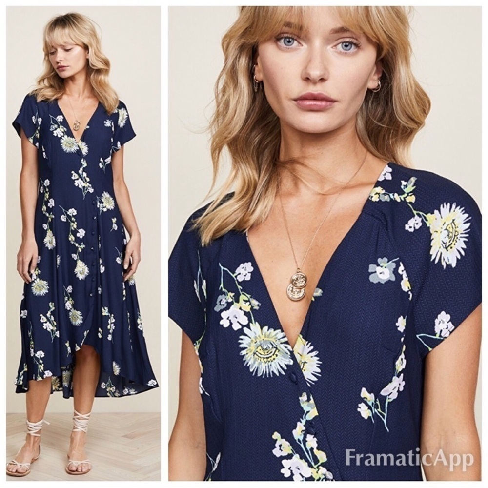 FREE PEOPLE Blue Floral V-Neck Short Sleeve Button Front Midi Dress Large - Picture 4 of 14